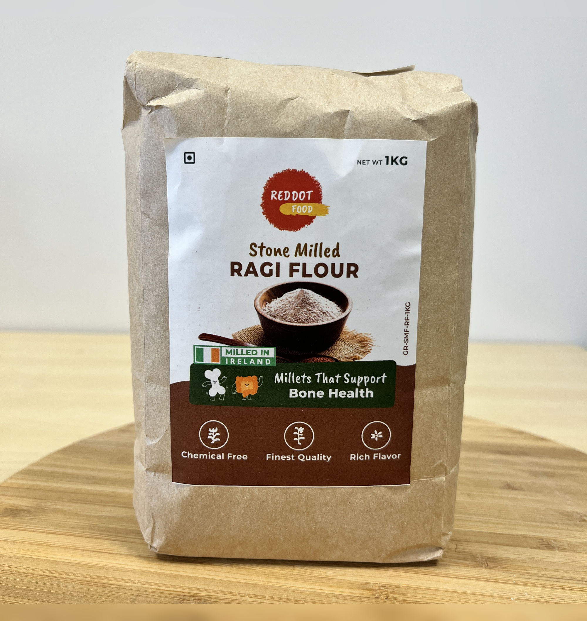 Stone ground ragi flour freshly milled and packed, available across Ireland